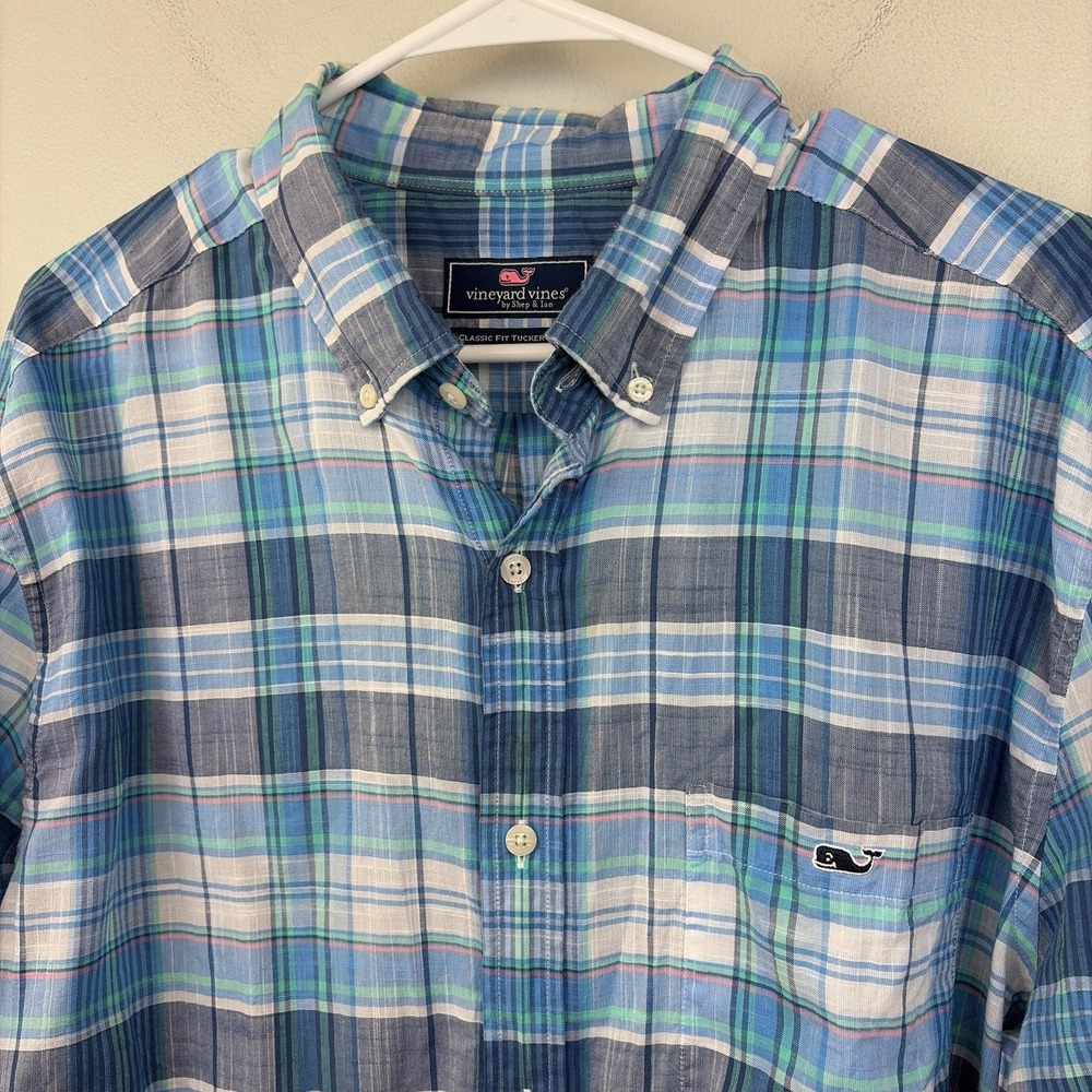 Vineyard Vines Shirt Mens XL Blue Green Plaid Classic Fit Tucker Long Sleeve